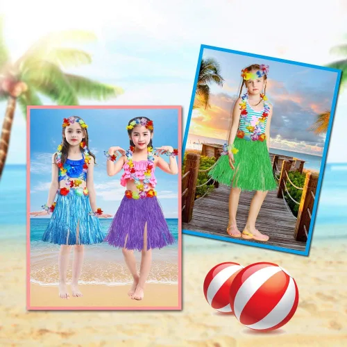 Vista 6 de Fighting to Achieve Girl's Elastic Hawaiian Hula Dancer Grass Skirt with Flower Costume