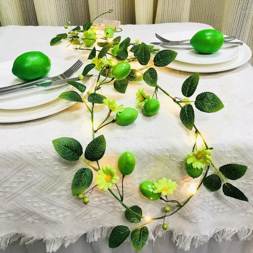 Vista 17 de Guirnalda de plantas de vid de limón amarillo, frutas artificiales, margaritas blancas, bayas con luz de hadas, funciona con pilas para el hogar