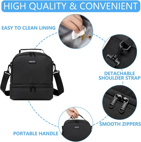 Vista 4 de VASCHY Bolsa de almuerzo aislada, bolsa de almuerzo para hombres y mujeres para el trabajo, pequeña hielera para picnic, color negro