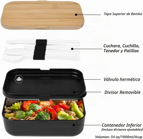 Vista 3 de Lonchera Bento para adultos, tapa de bambú natural, cubiertos y palillos, lonchera para mujeres, apta para microondas, lavavajillas, sin BPA, a Negro