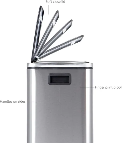 Vista 3 de Amazon Basics - Papelera doble de 30L con pedal de cierre suave - 2 contenedores de 15 litros, acero inoxidable, contenedores internos pequeños