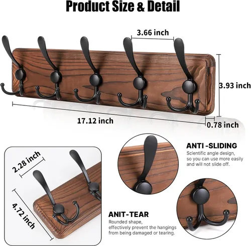 Vista 2 de Gohiuo Perchero Rústico para Montaje en Pared, Ganchos de Pared de Madera con 5 Ganchos Triples, Perchero de Madera Resistente para Colgar