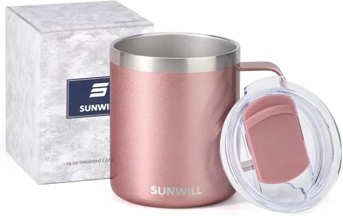 Vista 5 de SUNWILL - Taza de café de viaje con tapa, taza aislada con asa, taza de acero inoxidable de 14 oz para hielo, agua, té, color oro rosa