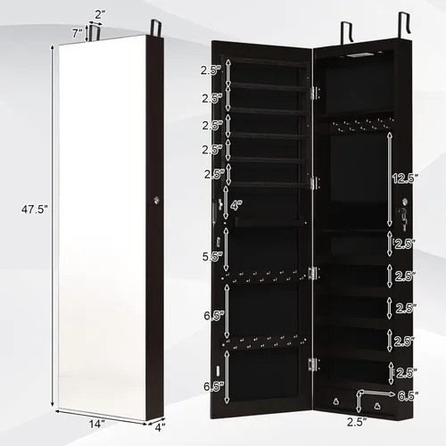 Vista 7 de COSTWAY Armario de joyería con espejo organizador de joyas montado en la pared con espejo de longitud completa y 2 luces LED armario de joyería