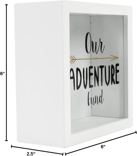 Vista 3 de Prinz White Adventure Fund - Alcancía de ahorro de dinero para adultos, caja de ahorro para niños, tarro de cambio, caja de madera de sombra de 6 x