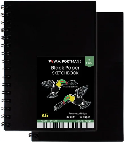 Vista 8 de WA Portman - Cuaderno de bocetos de papel negro A4 (8.3" x 11.7"), papel negro para marcadores de 140 GSM sin ácidos, 60 páginas (30 hojas), diario