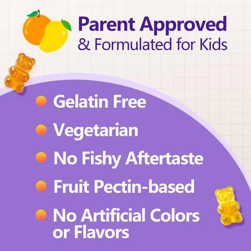 Vista 4 de Gomitas Omega 3 para niños y adolescentes – Suplemento Omega DHA y EPA sin azúcar para el cerebro y la inmunidad de los niños – Sin eructos