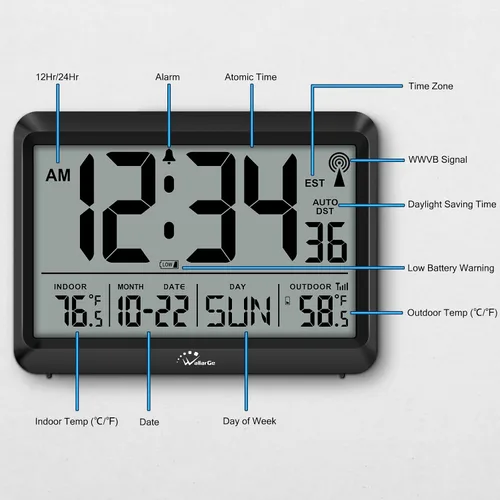 Vista 7 de WallarGe Reloj atómico con temperatura interior y exterior, reloj digital de 8.5 pulgadas, funciona con pilas, ajuste automático, 4 zonas horarias