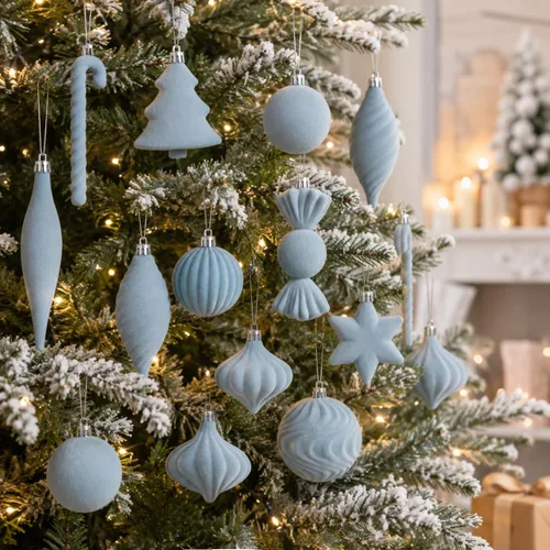 Vista 2 de 30 adornos de terciopelo para árbol de Navidad, juego de adornos de Navidad Azul polvo