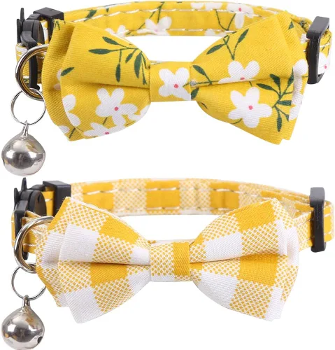 Vista 6 de Paquete de 2 collares de gato con pajarita y flor a cuadros de campana para gatito Azul