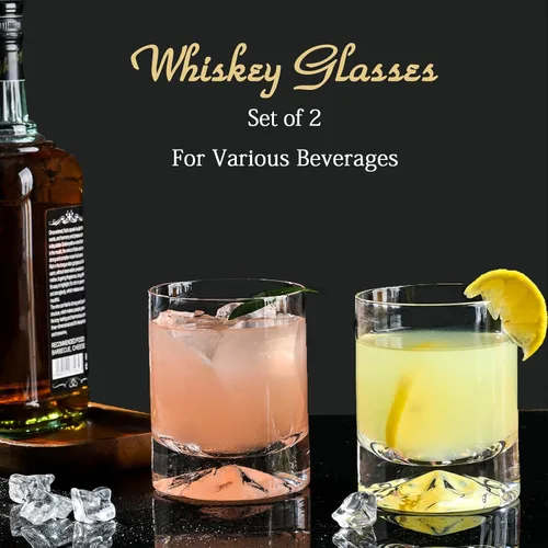 Vista 4 de Juego de 2 Vasos de Whisky de Cristal Soplado a Mano, 12 oz Vasos de Cóctel Old Fashioned, Vaso Lowball Rocks, Base Hexagonal Única para Bourbon