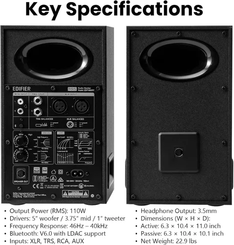 Vista 11 de Edifier MR5 2.0 Studio Monitor Bookshelf Speakers, 110W RMS, Black Negro