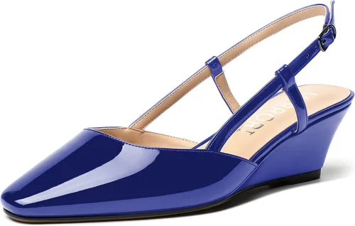 Vista 17 de MERRORI Zapatos de tacón bajo de cuña con hebilla y punta cuadrada para mujer, de patente sólida, de 2 pulgadas Beige