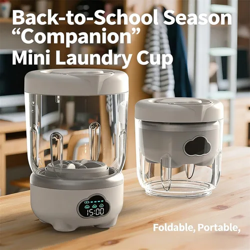 Vista 4 de Mini taza de lavandería con pantalla digital, carga USB inalámbrica, lavadora compacta de 20.3 fl oz de capacidad, material ABS, lavadora dedicada