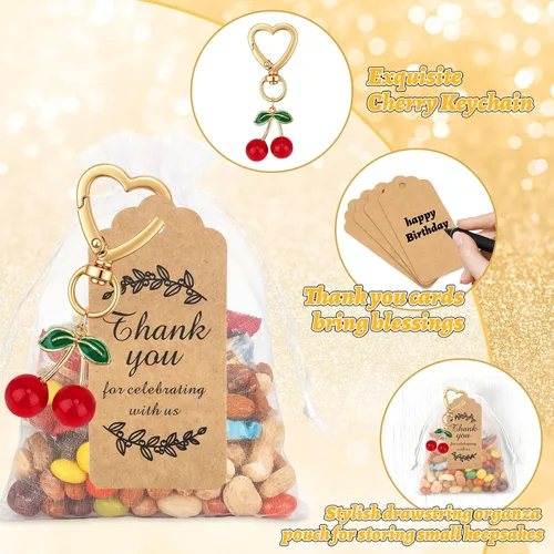 Vista 3 de Dreamtop Llavero de cereza para fiesta, 24 juegos de llaveros de cerezas, regalos de fiesta de Navidad, regalo de agradecimiento, accesorios