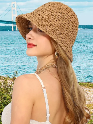 Vista 7 de Sombrero de sol para mujer, hecho a mano, con paja, protección UV, para viajes, verano, playa Caqui
