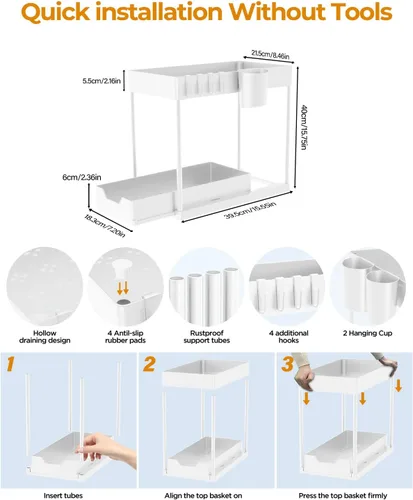 Vista 7 de Organizador para debajo del fregadero y almacenamiento de baño, paquete de 2 unidades, organizador de cesta de gabinete Kicthen de 2 niveles