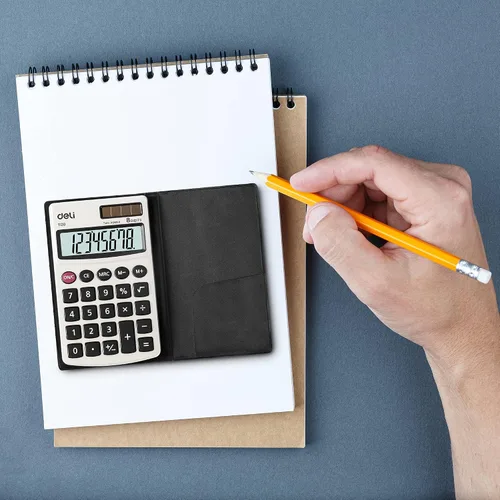 Vista 2 de Calculadora, Calculadoras Básicas de Función Estándar Deli, Calculadora de Oficina de Energía Dual Solar y Batería con Cubierta, Panel de Metal