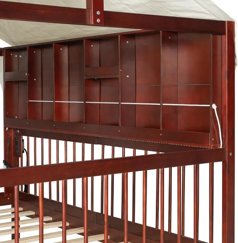 Vista 7 de House Bed Canopy Curtains Full Size, Wood Platform Bed Frame with Storage Drawers Bookshelf Lights Rails Slats Headboard Charging Station 600lbs
