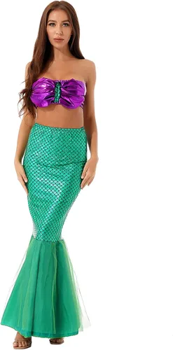 Vista 2 de Hularka Disfraz de sirena para mujer camiseta corta acolchada sin tirantes con falda estampada de escamas de pescado