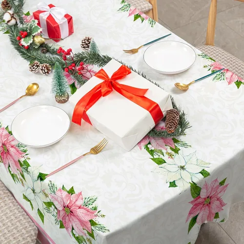 Vista 3 de Mantel navideño rectangular de 60 x 104 pulgadas, diseño de flor de pascua rosa con acuarela