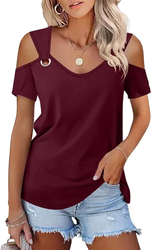 Vista 20 de Minetom - Camisetas básicas de verano para mujer, de manga corta, con hombros descubiertos y cuello en V