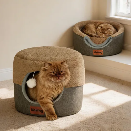 Vista 14 de Cueva de cama para gatos de interior, 2 en 1 plegable para gatos y cama lounge con cojín reversible, casa cerrada calmante y antiansiedad