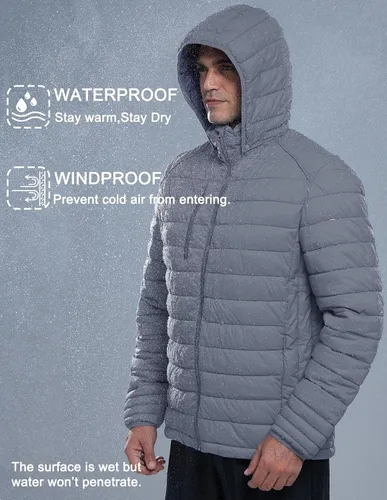 Vista 2 de fit space Chaqueta alternativa de plumón para hombre, acolchada, ligera, plegable, con capucha desmontable