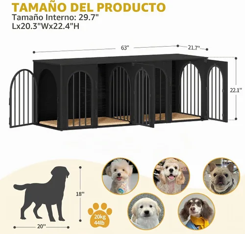 Vista 2 de Hzuaneri - Muebles de jaula doble para perros de 63 pulgadas, para interiores con cojín