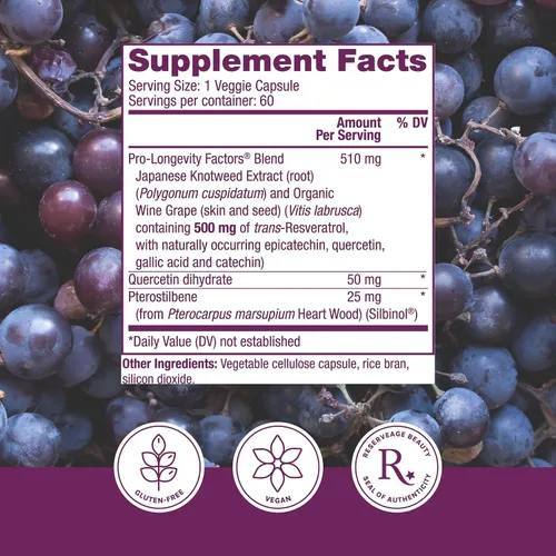 Vista 2 de Reserveage, Resveratrol con Pterostilbene 0.1763 oz, fórmula antienvejecimiento celular, 60 cápsulas