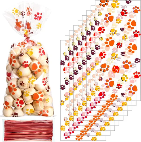 Vista 14 de Blulu 100 bolsas de golosinas para perros, recuerdos de fiesta para cachorros, bolsas de celofán con cono de pata de mascota, dulces sellables por