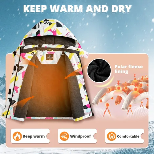 Vista 3 de Simplee Kids Chaqueta de esquí impermeable para niñas, abrigo de invierno colorido con capucha