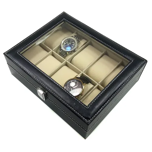 Vista 8 de Organizador de almacenamiento de joyería de la caja de exhibición del reloj de la rejilla de cuero de la PU 10, negro - SciencePurchase