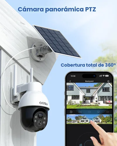 Vista 2 de aosu Cámara de seguridad solar inalámbrica para exteriores, cámara WiFi con batería de 3K/5MP para seguridad del hogar, PTZ panorámico, seguimiento