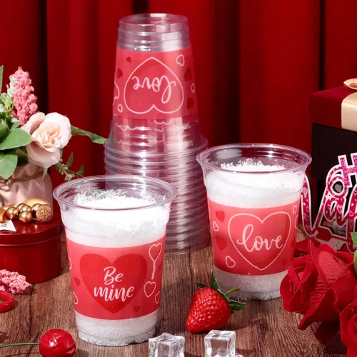 Vista 4 de Meanplan 100 vasos de plástico de San Valentín de 12 onzas a granel, vasos de San Valentín a granel, vasos de corazón rosa, suministros de fiesta