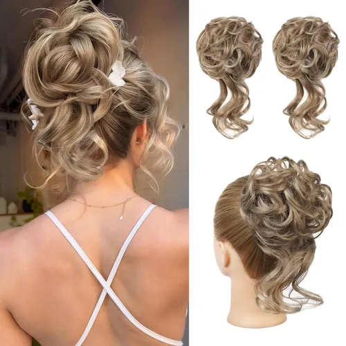 Vista 30 de HOOJIH 2 piezas de extensiones de cabello estilo moño despeinado, extensiones de cabello rizado y ondulado con tiras, cola de caballo, horquillas