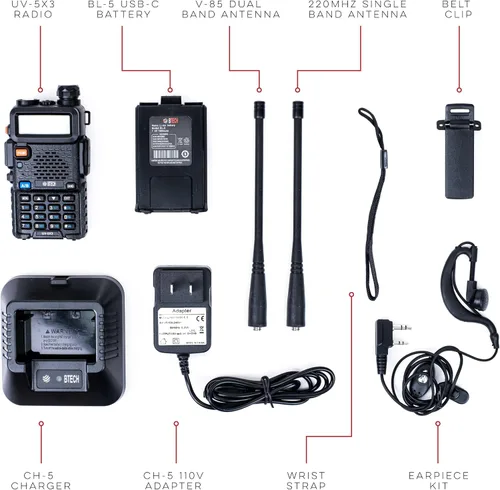 Vista 5 de BTECH UV-5X3 radio tribanda de 5 W, VHF, 1.25M, UHF, amateur (ham), incluye antena de doble banda, antena 220, audífono, cargador y otras radios
