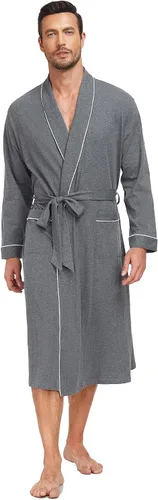 Vista 13 de COLORFULLEAF Bata de baño para hombre, 100% algodón, ligera, larga, ropa de dormir de punto suave, bata de spa con bolsillos Verde militar