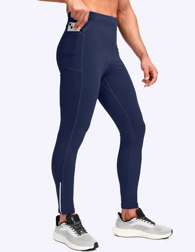 Vista 2 de Pudolla Men's Thermal Running Tights with 3 Zipper Pockets Workout Compression Leggings Cycling Pants for Men Hiking Jogging
