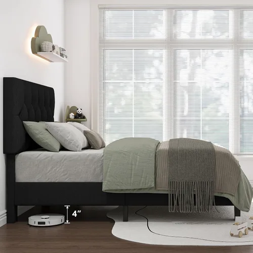Vista 7 de iPormis Marco de cama tapizada de tamaño completo con cabecera capitoné con botones, plataforma de lino con patas de soporte engrosadas, sin
