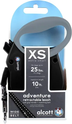 Vista 2 de Alcott Adventure Correa de cinturón reflectante retráctil – 10 pies – Extra pequeña para perros de hasta 25 libras, negro con mango de agarre suave