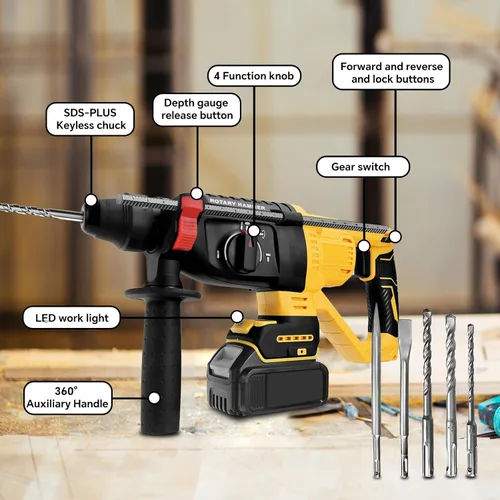Vista 7 de Taladro de martillo giratorio inalámbrico para batería Dewalt de 20 V, SDS-Plus sin escobillas de 3 julios con 4 modos, mango auxiliar de 360° y 5