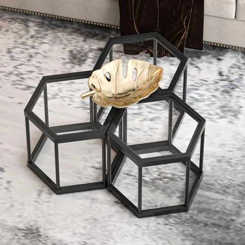 Vista 9 de Mesa de centro moderna de cristal, mesa de centro de cristal combinada, sin hexágonos, mesas auxiliares pequeñas con marco de metal para sala