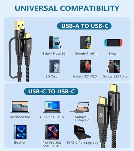 Vista 5 de Cable USB-C a USB-C de 6.6 pies PD 100 W iPhone 17 cargador 2 en 1 USB A/C a USB-C cable trenzado de nailon para iPhone 17 16 15 Pro Max Plus iPad