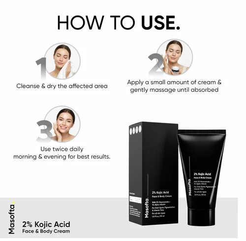Vista 5 de Masofta Crema facial y corporal 2% de ácido kójico para pigmentación, melasma, marcas de acné, axilas, cuello, para hombres y mujeres, 1.0 fl oz