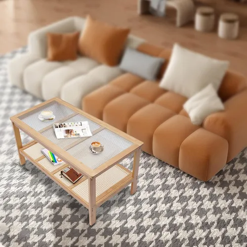 Vista 2 de Mesa auxiliar rectangular de 2 niveles de mediados de siglo con parte superior de cristal y estante de almacenamiento rústico, soporte de TV