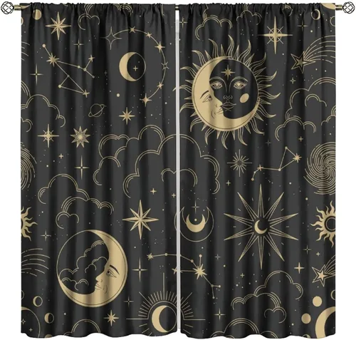 Vista 10 de Cortinas opacas con diseño de sol y luna, cuerpos celestes bohemios, con diseño de sol, luna y estrellas, para sala de estar, dormitorio, 42 x 45