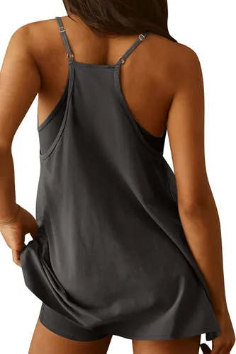 Vista 2 de Yimoon Vestido de tenis para mujer, sin mangas, mini vestido de entrenamiento con pantalones cortos, casual, tirantes delgados, vestidos atléticos