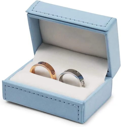 Vista 3 de Oirlv Caja de anillos dobles de cuero azul para boda, propuesta, compromiso.