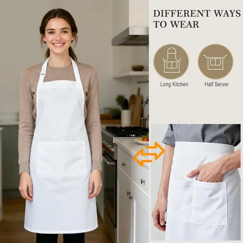 Vista 4 de yotache Juego de delantal y sombrero de chef y delantal de cocina para adultos, disfraz de panadero blanco ajustable para hombres y mujeres, 1 juego